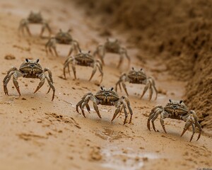 Crabs marching on sandy beach, nature background, wildlife photography