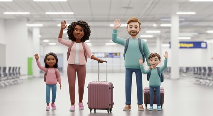 Fototapeta premium Happy Family Waving Goodbye at Airport with Luggage and Backpacks