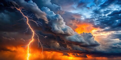 Fototapeta premium Dramatic Lightning Strike Across a Fiery Sunset Sky