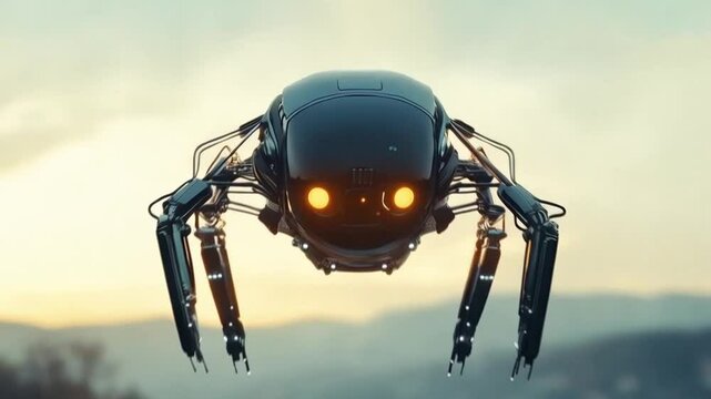 A robot flying in the sky with its head raised. Smooth repeating motion for background video animation.