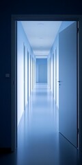 Mysterious blue corridor filled with doors perspective architectural shot