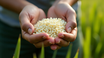 Close up agriculturist hand touching ripe jasmine rice Thailand branding authentic farming narrative rural synergy branding market cultural branding authentic feel concept as Hands inspecting golden r