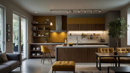 Modern kitchen design with wooden cabinets, marble countertops, and stylish seating