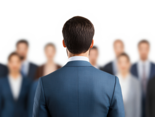 Professional networking event with participants in business attire on a transparent background, cut out