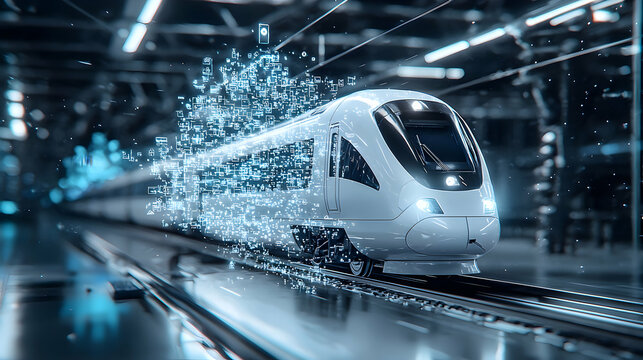 Futuristic train technology concept depicts high-speed travel data integration and smart transportation. Ideal for tech presentations about advancements in rapid transit systems.