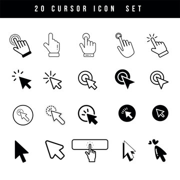 Set of 20 cursor icons featuring click, pointer, and hand symbols for UI, web navigation, and digital interfaces