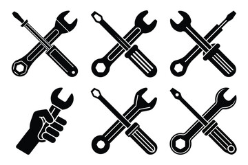 set of  labour day vector silhouette with Wrench hammer Icon 
