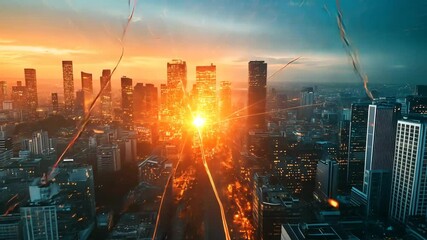 Massive data breach visualized as digital crack over city skyline with vibrant sunset - Powered by Adobe