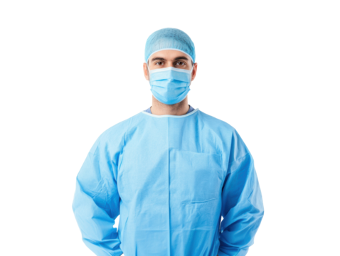 Healthcare professional in protective gear during medical procedure on a transparent background, cut out