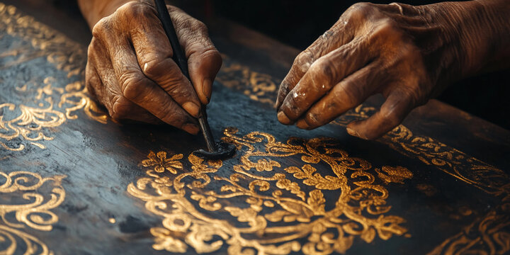 Close-up of aged hands applying gold paint to dark surface, creating intricate design.  Showcase of artisan skill and dedication to detail, representing craftsmanship and tradition
