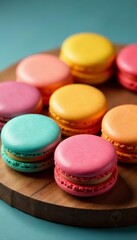 Fototapeta premium Close-up of colorful French macarons arranged in a circle on a wooden board, treat, confectionery, dessert