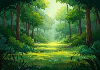 Lush green forest path bathed in sunlight vibrant digital painting. AI Generated