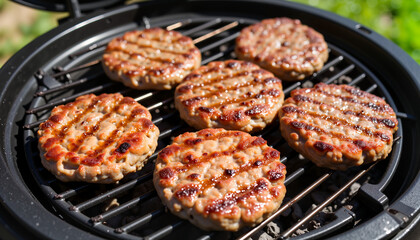 Delicious burger patties grilling outdoors at noon, casual dining