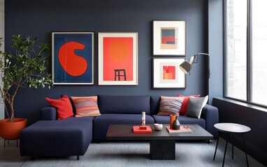 Modern living room interior with navy blue sectional sofa, orange and red accents, abstract art, and a zebra print rug.  Dark walls provide a sophisticated backdrop