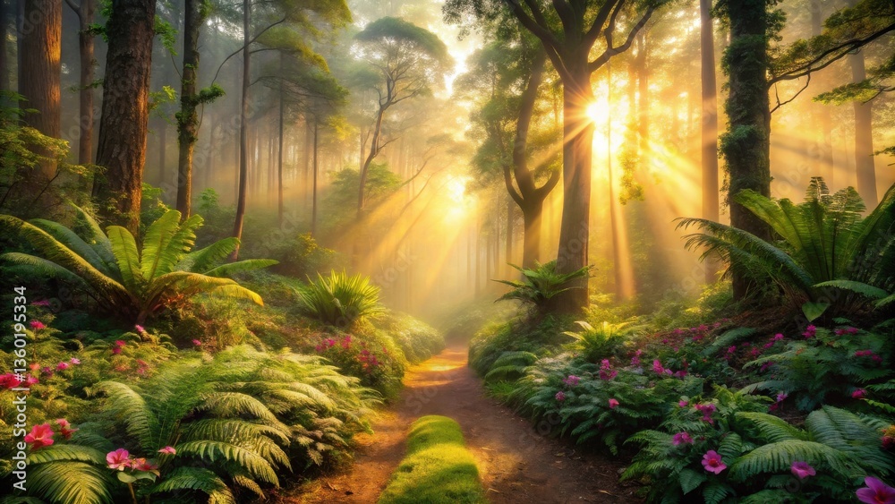 Poster sunlit path through a mystical forest with lush greenery and blooming flowers