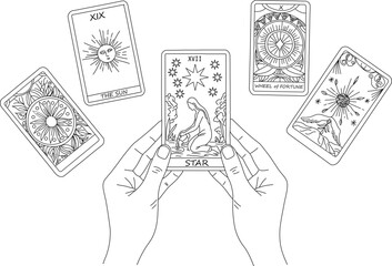 タロットカードのシンプルな線画イラスト,手に持つ星のカードと占い