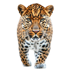 Obraz premium Leopard walking towards the camera, showcasing its striking coat on a transparent background, cut out