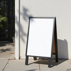 sandwich board sign white blank sidewalk stucco white wall natural poster clean surface minimalist aesthetic billboard sunlight shadow concrete wooden frame flyer texture mockup mockups standing store