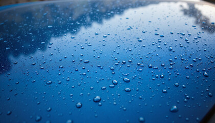 Obraz premium Water droplets on blue surface reflecting nature 