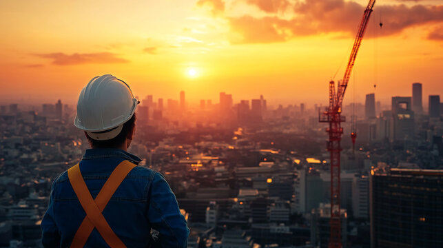 Construction worker in hardhat, viewing cityscape at sunset, showcasing ambition, progress, and urban development