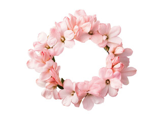 Circular flower crown made of pink blossoms and green leaves on a transparent background, cut out