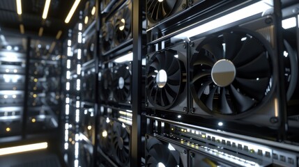 Technology CPU hardware rack fans cooler data center fans and crypto mining. AI generated image