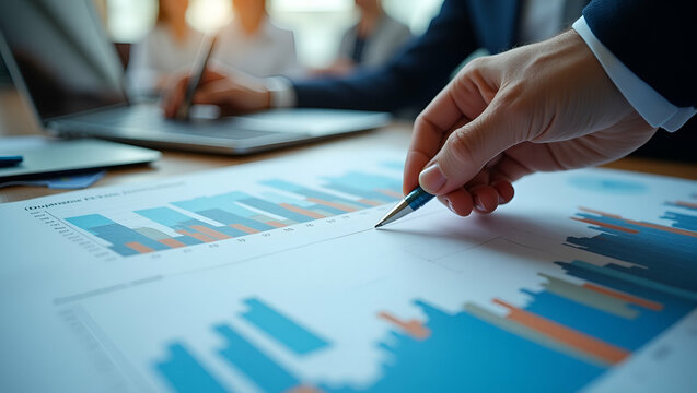 Professional desk layout featuring charts graphs and currency highlighting fiscal analysis profitable strategy and data driven planning. concept as Neat arrangement reveals financial reports next to m