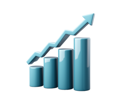Financial Growth 3D Icon with Blue Bars and Arrow, isolated on Transparent Background