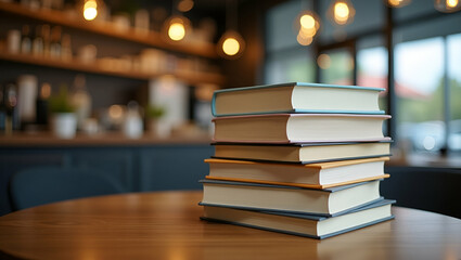 Cozy Cafe Vibes: A Neatly Stacked Pile of Books on a Table in a Relaxing Cafe Setting - Perfect for Reading and Leisure with Ample Empty Space for Your Creative Touch in Photo Stock