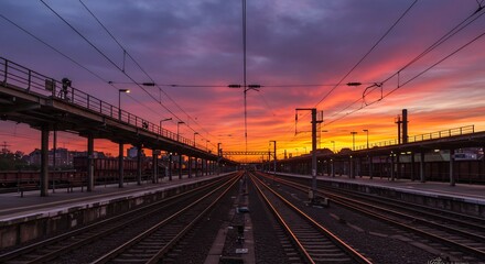 Obraz premium Vibrant sunset colors paint the railway tracks at twilight.. AI Generated