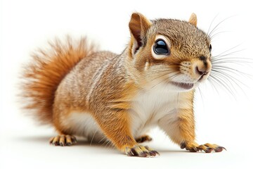 Obraz premium Close-up of a curious squirrel with fluffy tail on white background