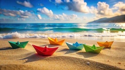 Brightly colored paper boats on a sandy beach near a tranquil ocean under a partly cloudy sky