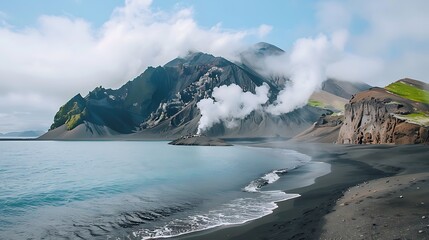 An island with a volcanic peak, black sand beaches, and steam rising from geothermal vents.