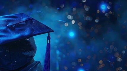 A blue graduation cap with a yellow tassel sits on top of a blue background