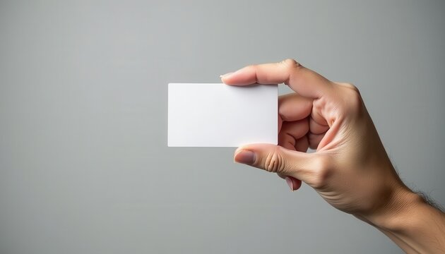 A hand holds a blank white card against a plain gray background, perfect for customizing branding or designs. The clean and minimalist mockup suits professional or creative presentations