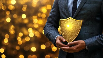 Celebrating achievement with a golden shield award in an upscale setting just before the evening event