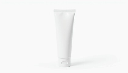 A blank white plastic container holds liquid, alongside a glass of milk and water