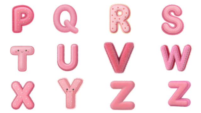 Delightful pink alphabet letters, some fuzzy, others dotted, perfect for crafting playful designs and cute projects, showcasing a charming and sweet aesthetic.