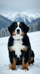 Bernese Mountain Dog Puppy Sitting in a Snowy Landscape – Winter Wonderland Moment