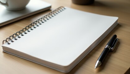 A spiral-bound notebook with blank pages lies on a wooden desk beside a black pen. The background shows a white cup and closed laptop, ideal for presenting note-taking or writing concepts