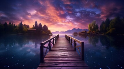 Obraz premium Romantic view of magical place a wooden jetty at the beach at evening