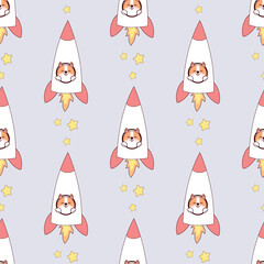 Seamless pattern with corgi dog in zero gravity. dog astronaut or cosmonaut. Animal instinct in kawaii style on gray background
