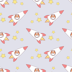 Seamless pattern with corgi dog in zero gravity. dog astronaut or cosmonaut. Animal instinct in kawaii style on gray background