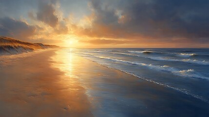 Golden Sunset Over a Tranquil Beach with Soft Waves and Dramatic Clouds