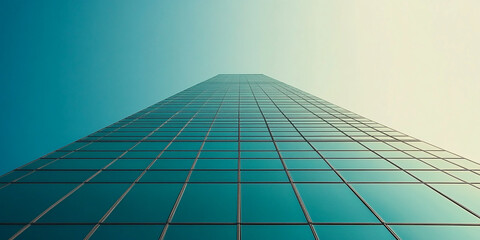 Obraz premium Low-angle view of teal glass skyscraper facade, showcasing modern architecture and urban design, symbolizing growth, ambition, and success