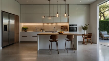 Modern kitchen. Island, stainless steel appliances, bright. Wooden stools, counter, and natural light