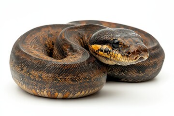 Obraz premium Close-up of a coiled ball python with intricate scale patterns on white background