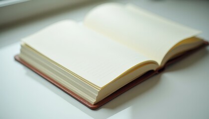 Fototapeta premium An open notebook with lined pages and a brown cover lies on a white surface. Its minimal design and blank pages make it perfect for showcasing stationery, writing tools, or creative concepts