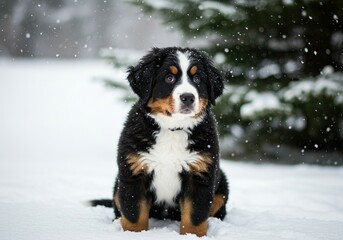 Fototapeta premium Bernese Mountain Dog Puppy Sitting in a Snowy Landscape – Winter Wonderland Moment