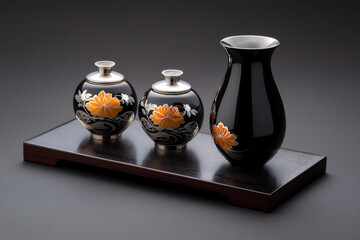 P A traditional lacquerware sake set with gol
